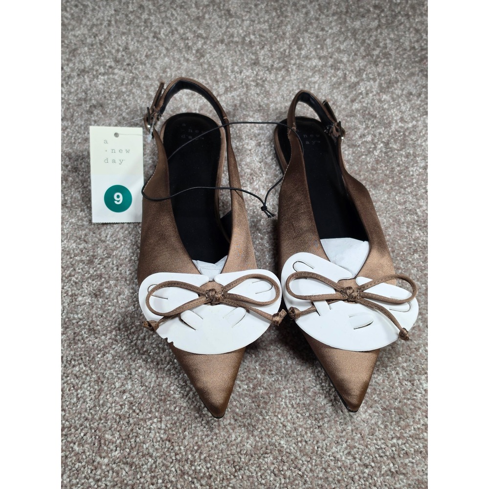 A New Day Camille Taupe Satin Slingback Pointed Toe Bow Flats Size 9 NEW